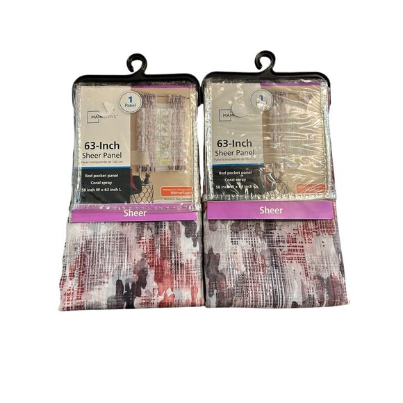 2 Mainstays 63-Inch Sheer Rod Pocket Panel Curtains Coral Gray multicolor - Picture 1 of 2